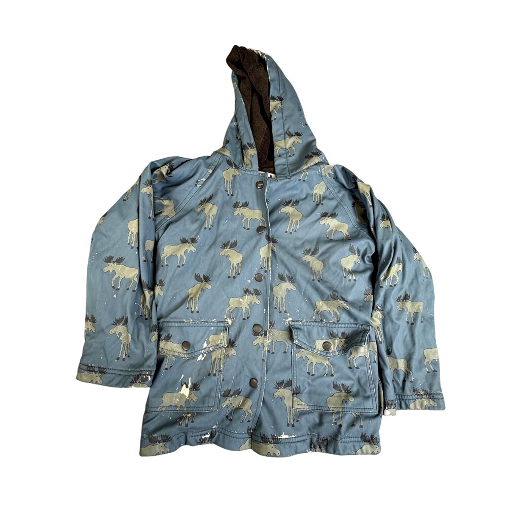 Hatley Rain Coat Kids 6-7 Blue Moose Print Hooded Snap Terry Lined Rainwear